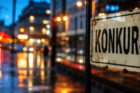 En rostig skavd skylt med texten "KONKURS" uppsatt i ett fönster mot en kvällsbelyst, blöt stadsgata.