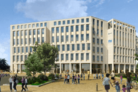 En ljus visualisering av ett stort, modernt och fyrkantigt flervåningshus i ljus sten eller betong. Byggnaden har många fönster och en logotyp för ”Medley”. Framför huset sträcker sig ett öppet torg med stensättning, där människor promenerar och cyklar oc