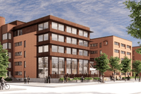 En digital rendering av ett modernt kontorskomplex i rött tegel och mörkt trä, med stora fönsterpartier, grönskande träd och människor som rör sig på den ljusa öppna platsen framför.