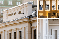 Ett collage med tre bilder från Malmö Börshus: till vänster visas en närbild på byggnadens ljusa fasad med namnet 'MALMÖ BÖRSHUS' i guldbokstäver. Uppe till höger syns fyra upplysta fönsteröppningar på natten där personer klipper blå invigningsband, och n