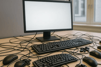 Bilden visar ett skrivbord med en datorskärm med vit, tom skärmbild. Framför skärmen ligger två tangentbord och ovanligt många datormöss, alla med kablar som ligger huller om buller över bordet. I bakgrunden syns ett fönster med dagsljus och en grå vägg.
