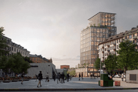 En digital rendering av ett torg i stadsmiljö med en framträdande modern glasbyggnad i flera etage i bakgrunden. Människor promenerar över torgytan, och till vänster och höger syns äldre flerbostadshus och träd under en mulen himmel.