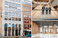 Bildkollage bestående av tre fotografier som visar Hufvudstadens fastighet Kvarteret Johanna, en bandklippningsceremoni i en trappa samt en rymlig entréhall.