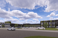 En arkitektonisk visualisering av MilDefs huvudkontor. En modern industri- och kontorsbyggnad i mörkgrått med gula accenter, omgiven av en stor parkeringsplats med bilar under en blå himmel med vita moln.