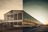 Ett collage som visar Fordmagasinet i Stockholms frihamn då och nu. Vänster sida visar en historisk svartvit bild på byggnadens kortsida med Ford-logotypen, medan höger sida visar en modern färgfilm på den långa glasfasaden i solnedgång.