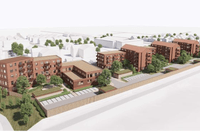 3D-visualisering i fågelperspektiv av ett nytt bostadsområde med tegelhus, parkeringar och grönska.