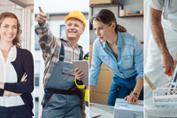 Ett collage med fyra vertikala paneler som visar olika yrkesroller: en leende kvinna i mörk kofta och vit blus, en byggarbetare i gul hjälm som pekar uppåt, en kvinna i denimskjorta som arbetar vid ett skrivbord med ett paket, samt en målare i vita kläder