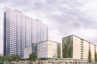 Illustration av ett stadskvarter med höghus och lägre byggnader i ljusa färger. Bottenvåningarna har butiker och människor rör sig längs trottoaren, medan bilar och bussar passerar på gatan i förgrunden. Flera träd och klätterväxter ger grönska till miljö
