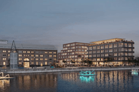 Visualisering av ett livfullt hamnområde i skymning. En historisk tegelbyggnad står bredvid moderna kontorshus med takterrasser. Vid vattnet syns en upplyst promenad med människor, ljusslingor och lysande geometriska konstverk som flyter i hamnbassängen