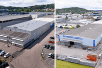 Två flygbilder som visar en stor industri- och lagerfastighet i ett industriområde.