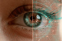 Svart- och närbild på ett mänskligt öga som delvis täcks av ett digitalt 3D-trådnätsmönster och högteknologisk grafik