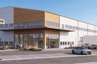 3D-rendering i grodperspektiv av en modern logistikanläggning med träpanel, glasklädd entré och flaggstänger under en klarblå sky
