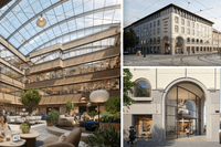 Kollage med arkitektoniska visualiseringar av en modern fastighet. Till vänster visas en ljus och grönskande ljusgård under ett stort glastak med loungemöbler och kontorsytor i flera våningar. Till höger syns byggnadens exteriör med klassiska valv och en 