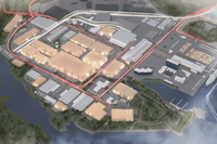 En arkitektonisk 3D-översiktsbild över ett stort industri- och hamnområde med upplysta byggnader och markera vägnät.