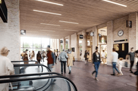 En ljus och modern tågstation eller galleria med ett ribbat trätak och ljusa tegelväggar. Människor rör sig genom hallen, där det finns rulltrappor i förgrunden, digitala informationstavlor och butiksentréer längs sidan.