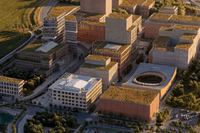 En digital arkitektonisk illustration av ett modernt stadskvarter i solnedgång, där byggnaderna har grönskande takträdgårdar och omges av parkeringsplatser och grönområden.
