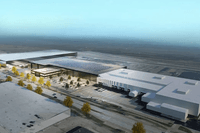 3D-rendering i högt fågelperspektiv av ett storskaligt logistik- och industrikomplex med solceller på taket och parkeringsytor under en klarblå sky