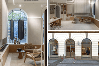 Ett montage med tre bilder som visar inredning och exteriör för Cosentino. Till vänster och överst till höger syns eleganta loungemiljöer med minimalistiska möbler, en modern eldstad och stora fönsterpartier. Nederst till höger visas butikens fasad i klas