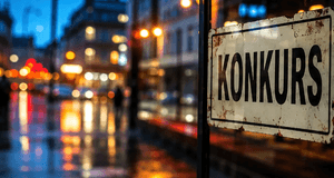 En rostig skavd skylt med texten "KONKURS" uppsatt i ett fönster mot en kvällsbelyst, blöt stadsgata.