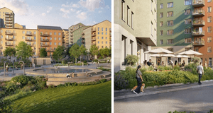 Två arkitektritade illustrationer som visar ett modernt och levande bostadsområde i ett färgstarkt kvarter med torg, grönska och uteservering.