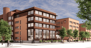 En digital rendering av ett modernt kontorskomplex i rött tegel och mörkt trä, med stora fönsterpartier, grönskande träd och människor som rör sig på den ljusa öppna platsen framför.