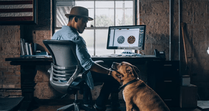En man i hatt sitter vid sin skrivbordsdator i en studiolokal och klappar sin hund.