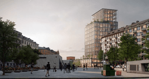 En digital rendering av ett torg i stadsmiljö med en framträdande modern glasbyggnad i flera etage i bakgrunden. Människor promenerar över torgytan, och till vänster och höger syns äldre flerbostadshus och träd under en mulen himmel.
