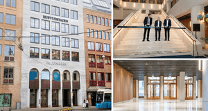 Bildkollage bestående av tre fotografier som visar Hufvudstadens fastighet Kvarteret Johanna, en bandklippningsceremoni i en trappa samt en rymlig entréhall.