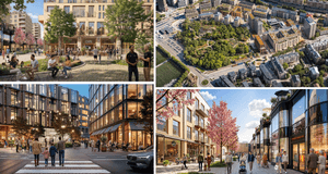 Ett collage med fyra olika arkitektoniska visualiseringar av en modern och levande stadsmiljö. Bilderna visar människor som umgås på uteserveringar, en flygbild över ett grönskande bostadsområde, en stämningsfull kvällsscen från en gågata med butiker, sam