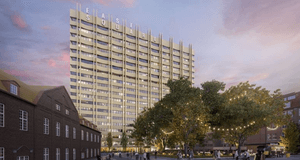 En fotorealistisk rendering av en modern, hög byggnad i centrum av en stadskärna. Den höga byggnaden är guldfärgad och har en distinkt, vågig fasad med vertikala, utskjutande element. Överst på byggnaden syns texten 'EAST SQUARE'. Framför den höga byggnad