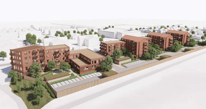3D-visualisering i fågelperspektiv av ett nytt bostadsområde med tegelhus, parkeringar och grönska.