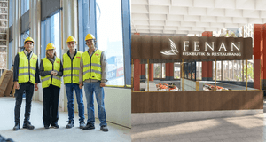 Kollagebild bestående av ett fotografi på fyra byggarbetare i skyddskläder på en byggarbetsplats till vänster, och en arkitekturvisualisering av restaurangen "FENAN Fiskbutik & Restaurang" till höger.
