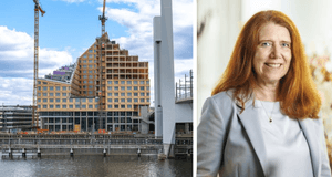 Ett montage bestående av två bilder. Till vänster syns en stor träbyggnad under konstruktion vid ett vattenstråk med lyftkranar i bakgrunden. Till höger syns ett porträtt av en leende kvinna med rött hår, klädd i en ljusgrå kavaj.