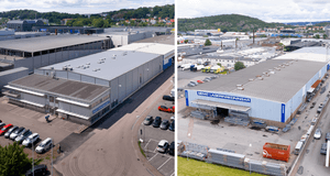 Två flygbilder som visar en stor industri- och lagerfastighet i ett industriområde.