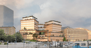 Arkitekturvisualisering i grodperspektiv över ett modernt träbyggnadskomplex med takträdgårdar och gångbroar vid ett stads- och kollektivtrafiknav.