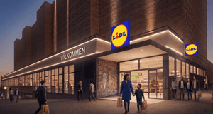 Arkitekturvisualisering i grodperspektiv av entrén till en Lidl-butik i en tegelbyggnad under skymningen, med kunder och belysning.