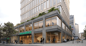 3D-rendering i grodperspektiv av en modern höghusfastighet med "skandia"-skyltning, mörk stensockel, stora fönsterpartier och takterrass under en ljus sky.
