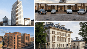 Bildkollage i fyra delar som visar varierad arkitektur: ett högt vitt bostadshus, en biluppställning framför en byggnad, ett rött tegelkvarter samt en klassisk beige stenfastighet.