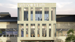 En arkitektonisk visualisering av byggnaden Universum. Fasaden är i ljust tegel med stora, vertikala glaspartier där silhuetter av människor syns på insidan. Logotypen "UNIVERSUM" är placerad högst upp på den centrala byggnadskroppen.
