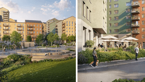 Två arkitektritade illustrationer som visar ett modernt och levande bostadsområde i ett färgstarkt kvarter med torg, grönska och uteservering.