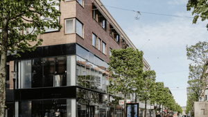 En solig gågata i en stadsmiljö med flervåningshus i tegel, stora butiksfönster i glas och en rad av gröna träd längs trottoaren.