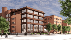 En digital rendering av ett modernt kontorskomplex i rött tegel och mörkt trä, med stora fönsterpartier, grönskande träd och människor som rör sig på den ljusa öppna platsen framför.