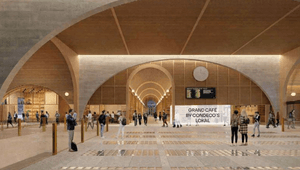 En arkitektonisk visualisering av en modern station eller vänthall med höga, mjuka valv i betong och ljust trä. I lokalen syns en informationsskylt, klocka, en butik och ingången till Grand Café by Condeco, med människor som rör sig i den öppna miljön.