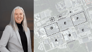 Kollage med två bilder: till vänster ett porträtt på en leende kvinna med långt grått hår i en ljus kavaj, och till höger en flygbild eller karta över ett universitets- eller forskningsområde med markerade byggnader från A till K.