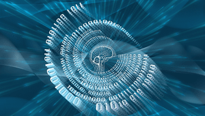 En digital illustration med fokus på artificiell intelligens och data. I mitten syns konturen av en mänsklig hjärna, omgiven av en virvel av binära tal (ettor och nollor) mot en abstrakt blå bakgrund med ljusstrålar och nätverksmönster.