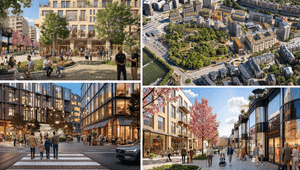 Ett collage med fyra olika arkitektoniska visualiseringar av en modern och levande stadsmiljö. Bilderna visar människor som umgås på uteserveringar, en flygbild över ett grönskande bostadsområde, en stämningsfull kvällsscen från en gågata med butiker, sam