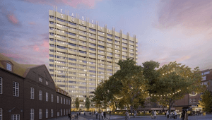 En fotorealistisk rendering av en modern, hög byggnad i centrum av en stadskärna. Den höga byggnaden är guldfärgad och har en distinkt, vågig fasad med vertikala, utskjutande element. Överst på byggnaden syns texten 'EAST SQUARE'. Framför den höga byggnad