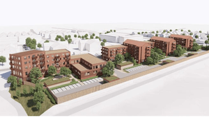 3D-visualisering i fågelperspektiv av ett nytt bostadsområde med tegelhus, parkeringar och grönska.