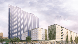 Illustration av ett stadskvarter med höghus och lägre byggnader i ljusa färger. Bottenvåningarna har butiker och människor rör sig längs trottoaren, medan bilar och bussar passerar på gatan i förgrunden. Flera träd och klätterväxter ger grönska till miljö