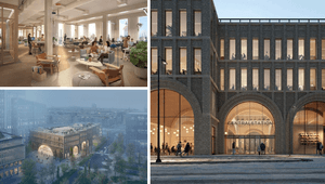 Montage med tre arkitektoniska renderingar av en modern stationsbyggnad kallad "Centralstation". Överst till vänster visas en ljus, öppen kontorsmiljö med lounge-möbler och stora fönster. Nederst till vänster syns byggnaden i ett stadslandskap i skymning.